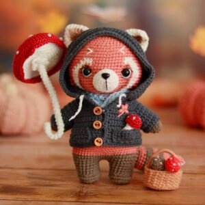 Kit crochet Robin le panda roux avec parapluie amanite et panier de champignons