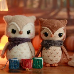 Hiboux au crochet Archie fluffy à écharpe violette et classique à écharpe grise, entourés de mini livres brodés